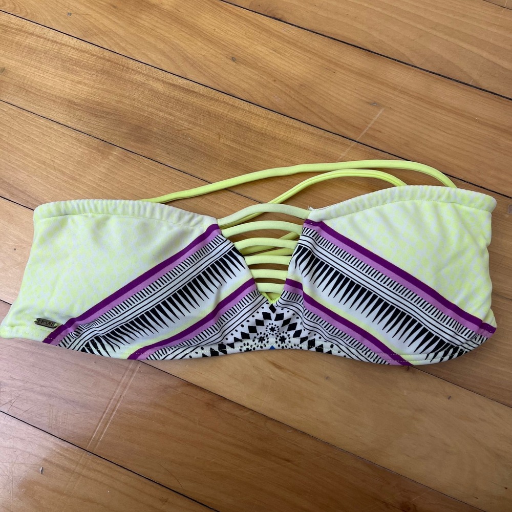 Rip Curl Neon Yellow Tribal Geometric Strappy Bandeau Bikini Top Multi Strap